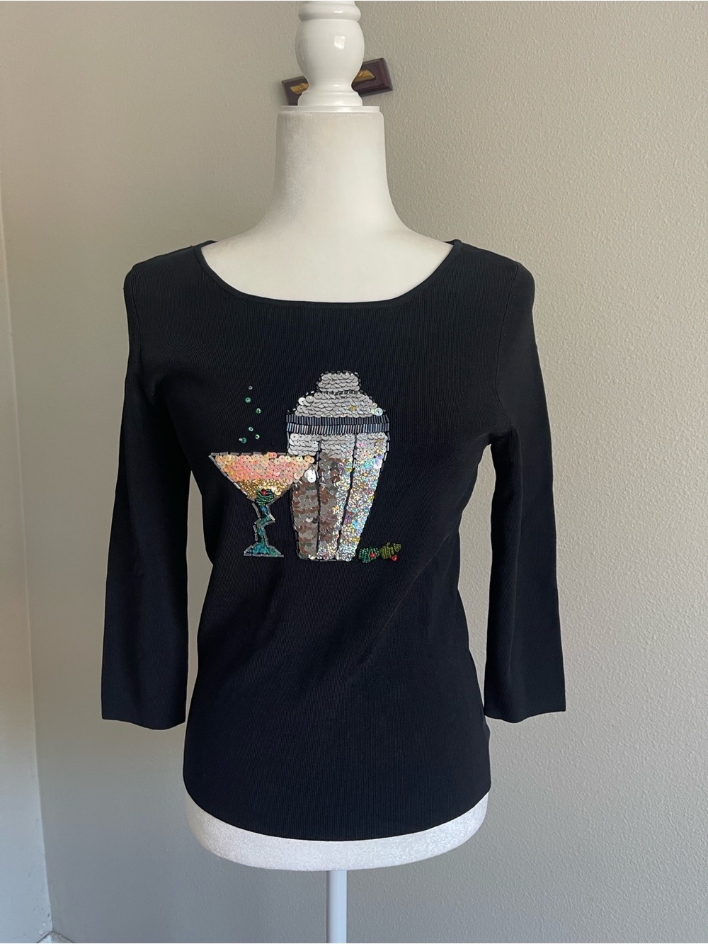 Sweaterworks Black Sequin Cocktail Shaker Graphic Long-Sleeve Top